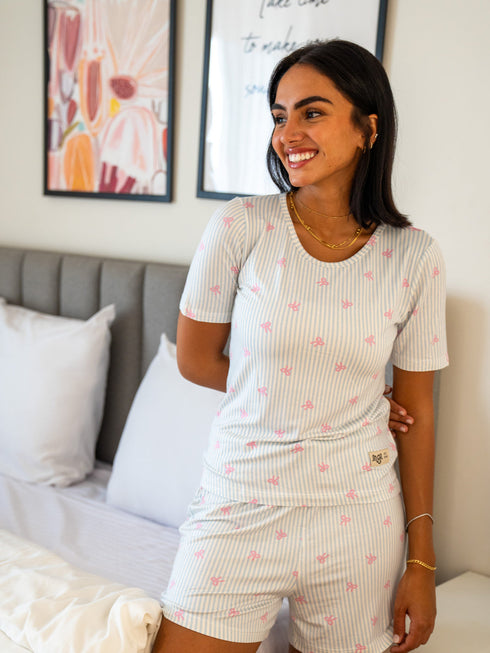Women Summer Pajama set Light Blue Ribbons T-shirt + Shorts